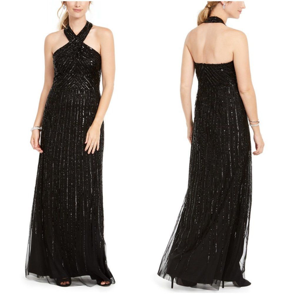 ADRIANNA PAPELL Halter Beaded Gown In Black